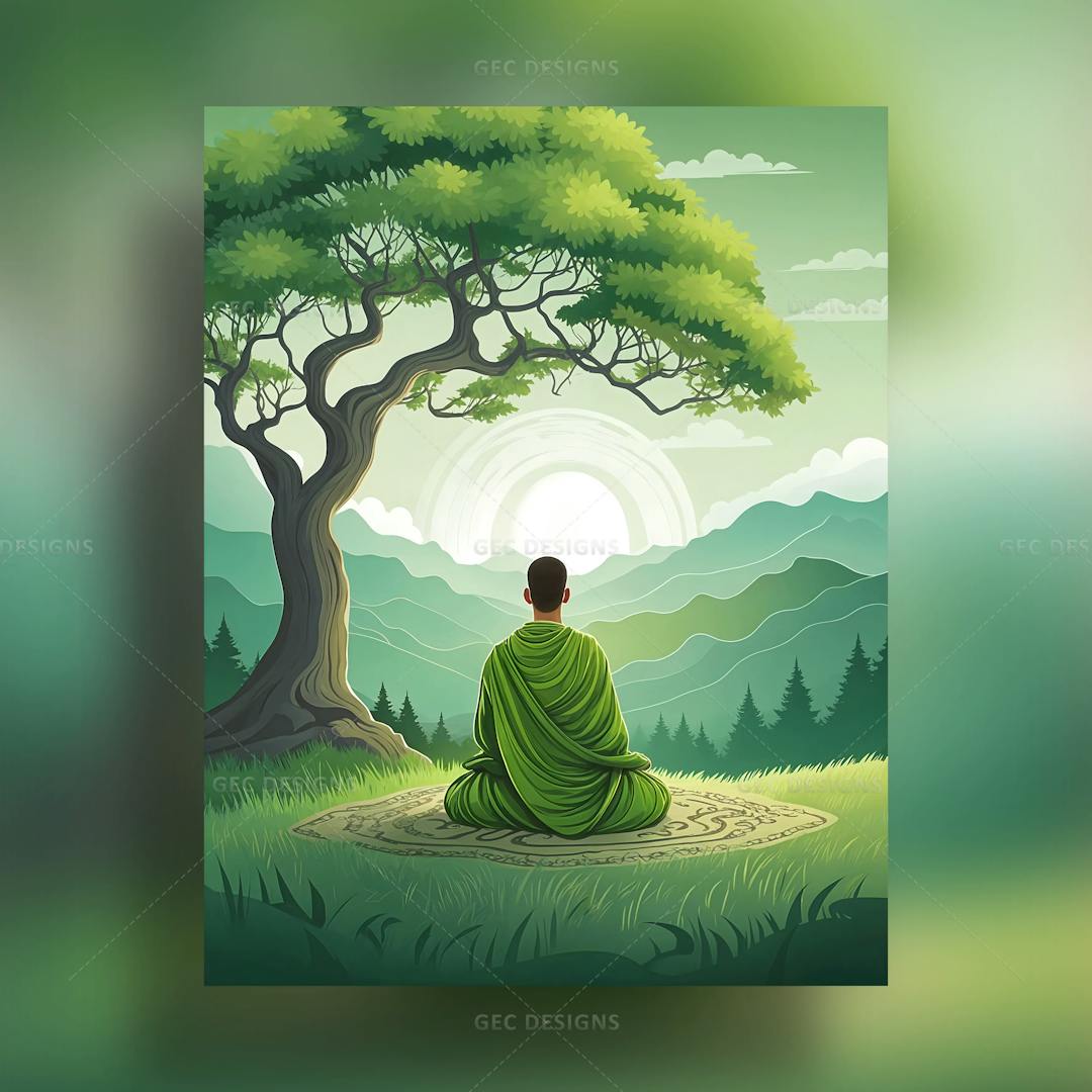 A Monk meditates under a tree with a beautiful fantasy natural background