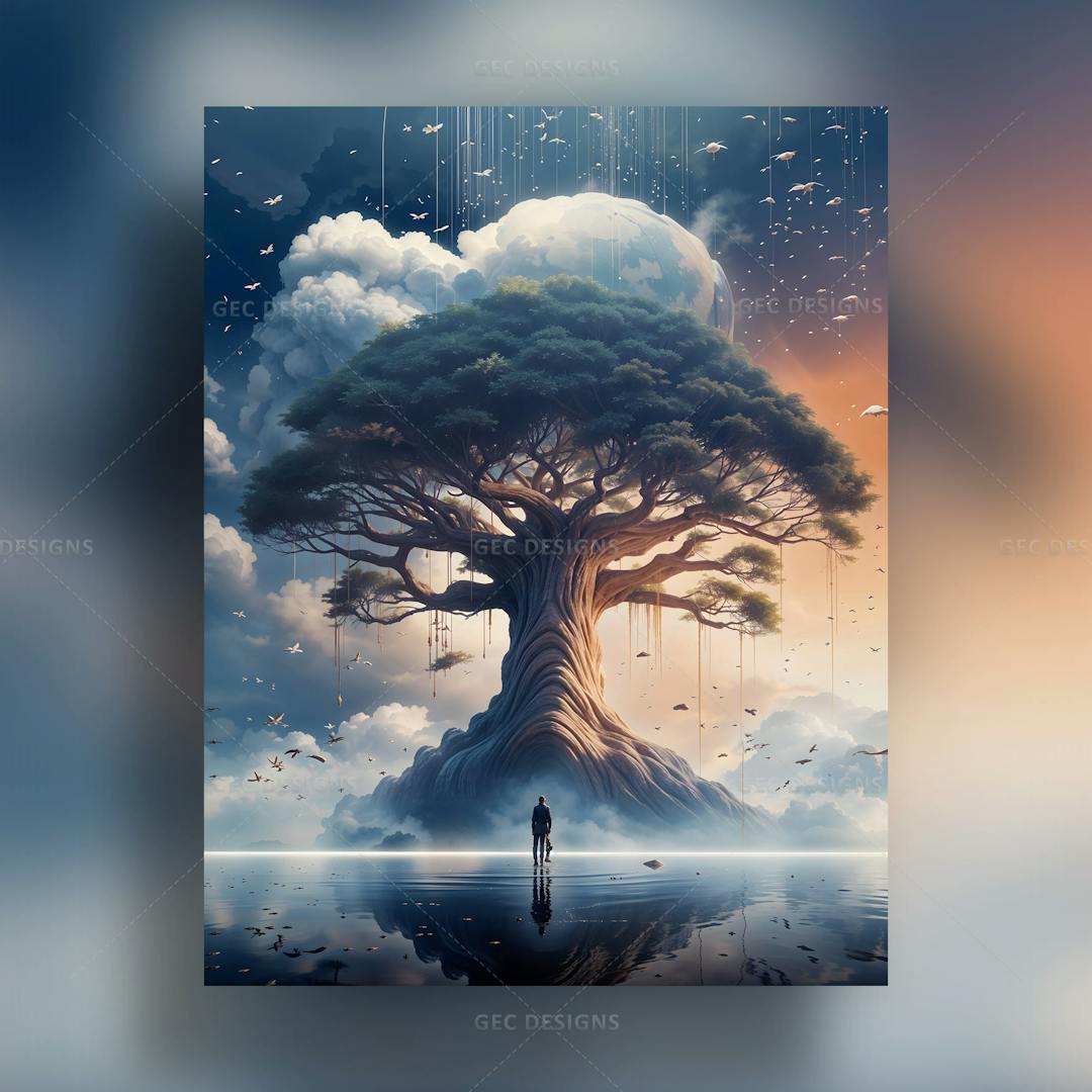 A person looking at an ancient tree of wisdom AI Generated wallpaper