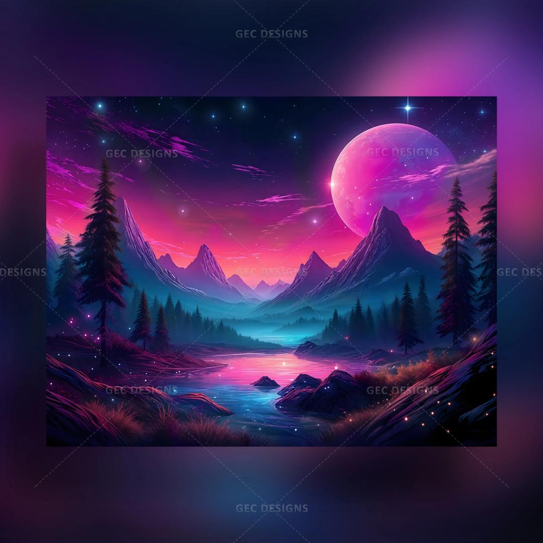 Aesthetic Purple nature wallpaper, Beautiful forest with river, Mountain, and Full moon background