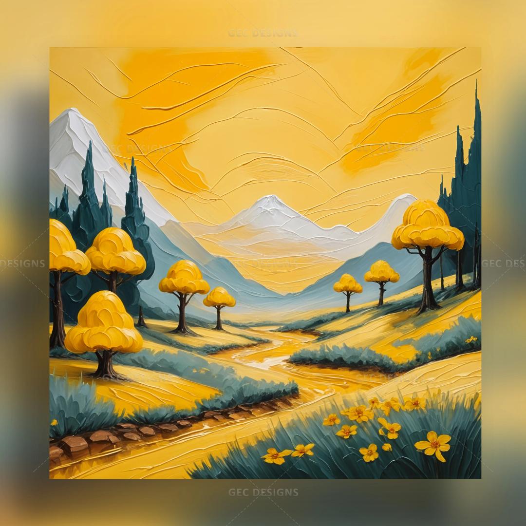 Aesthetic yellow valley with trees, river, flowers oil painting wallpaper