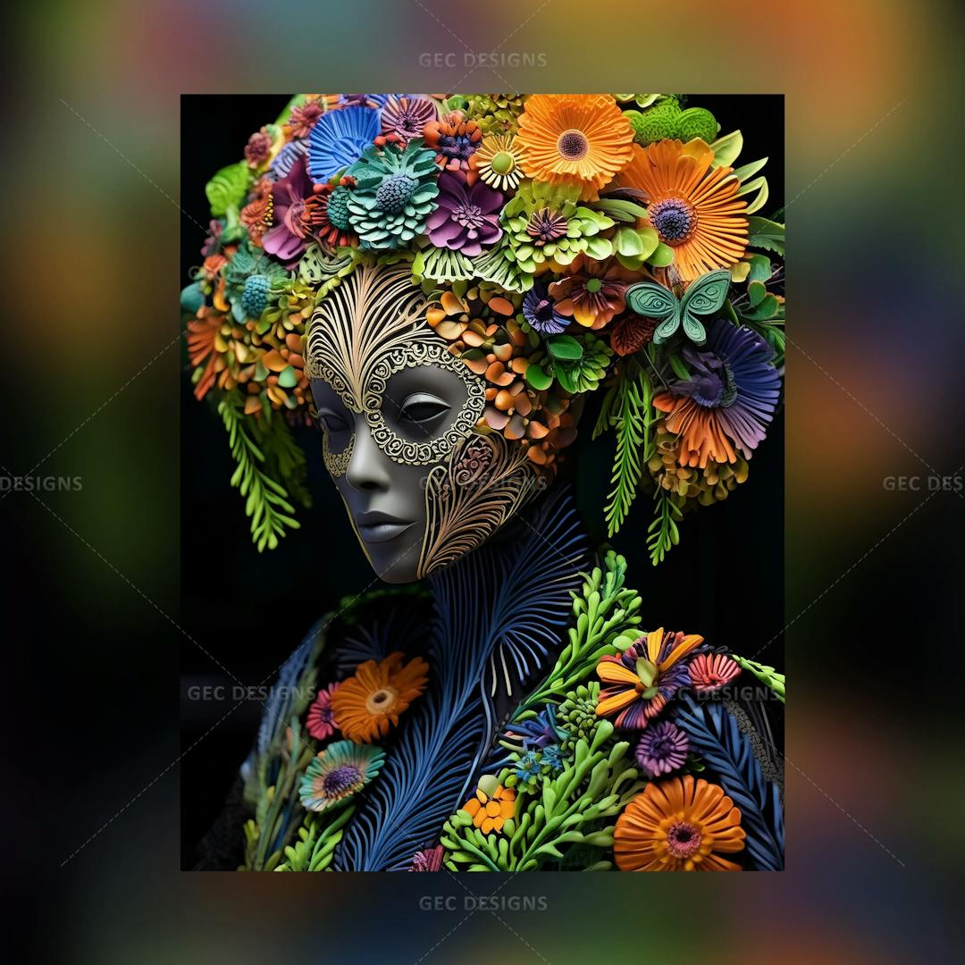 Alien Woman's face with colorful Plants and Flowers wallpaper