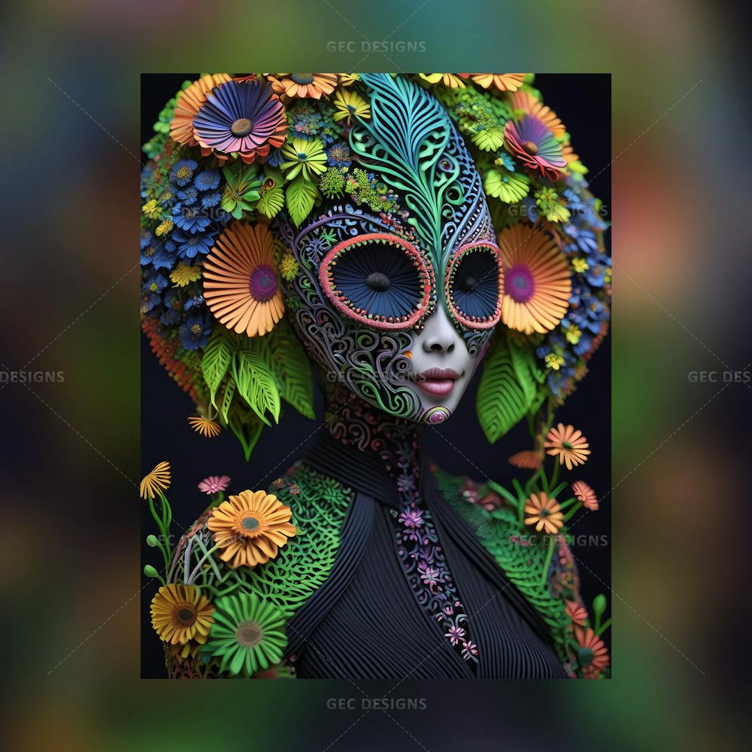 Alien Woman head with colorful Plants and Flowers AI Generated wallpaper