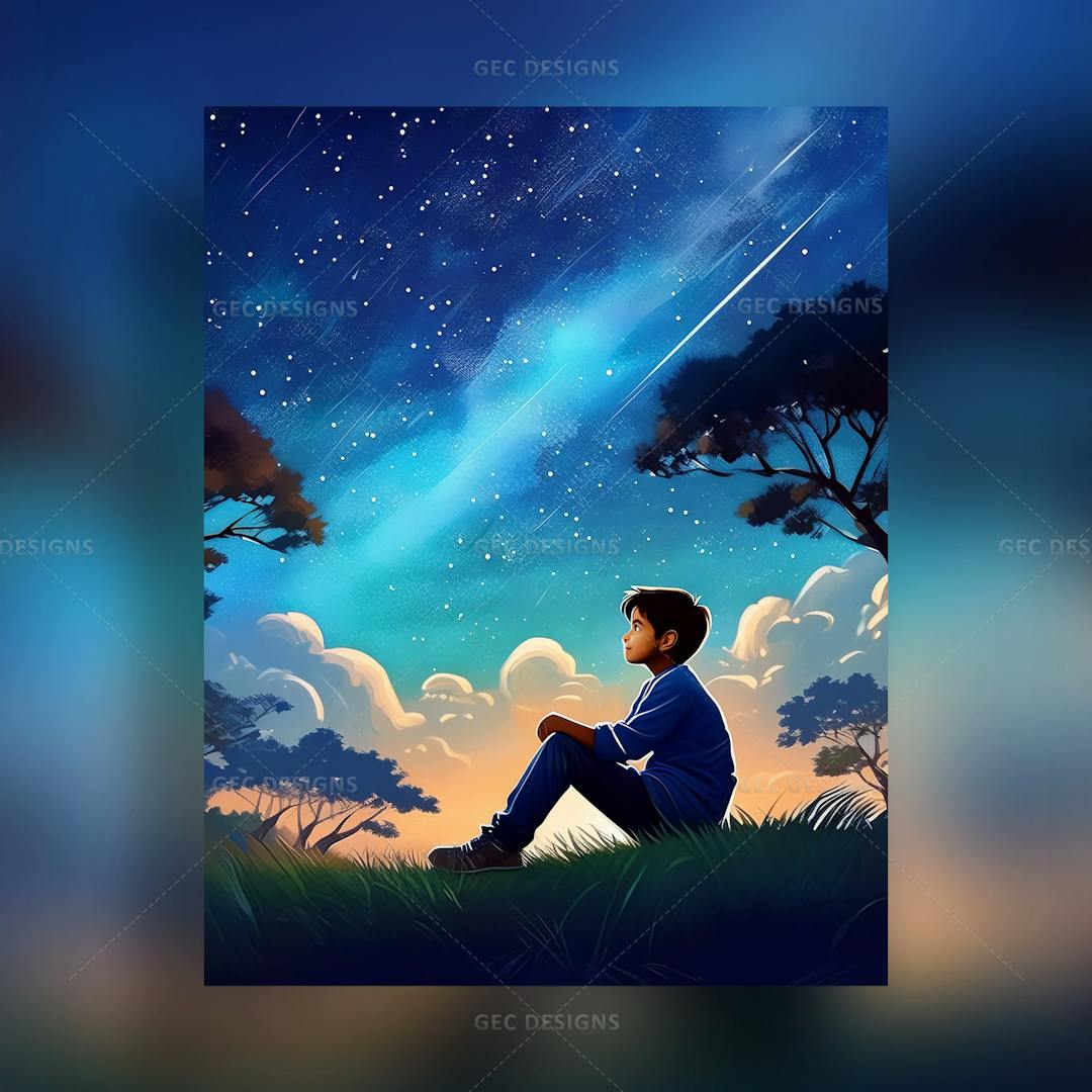 Alone boy looking at sky wallpaper, a boy sits on a grass field with a night star sky background