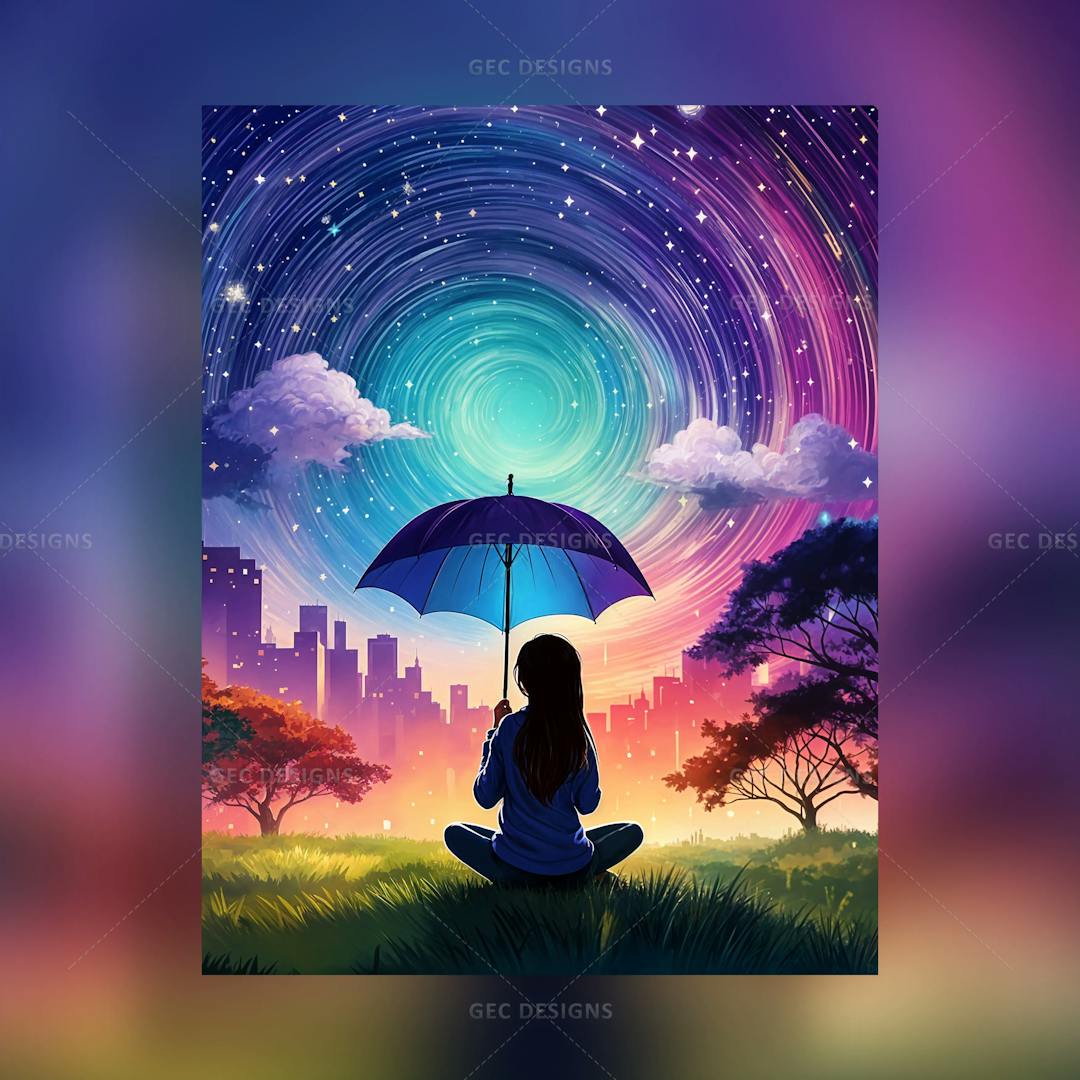 Alone girl looking up at the night sky wallpaper, a young girl sits on a grass field with a city background