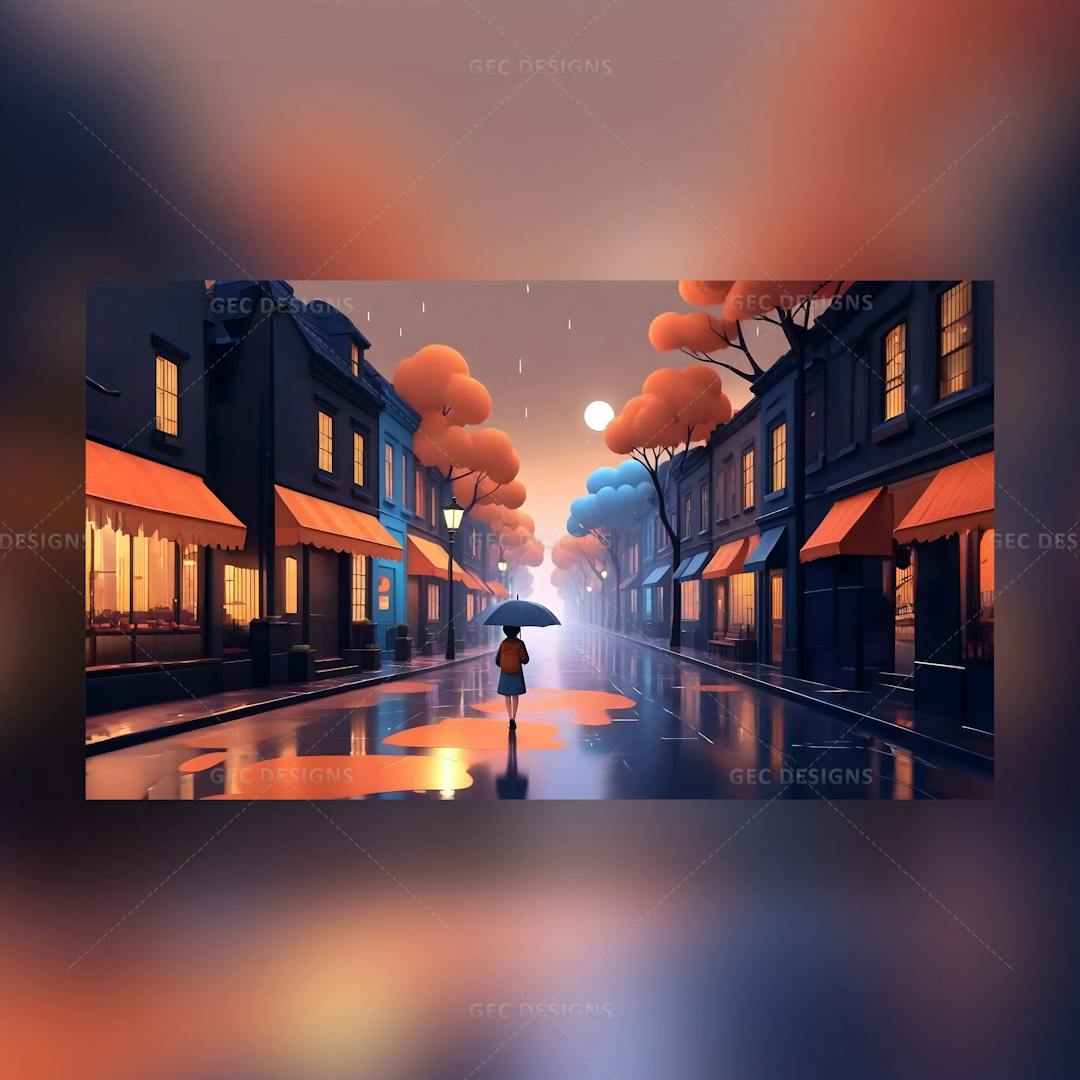 Alone girl walking in a street on a rainy evening AI Generated image