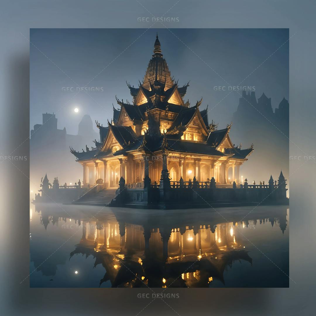 Ancient Chinese palace surrounded by water AI Generated wallpaper with foggy background