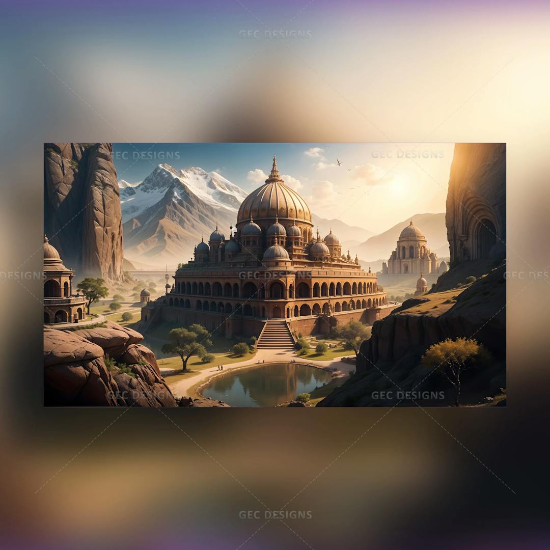 Ancient Indian palace surrounded by hills AI Generated wallpaper