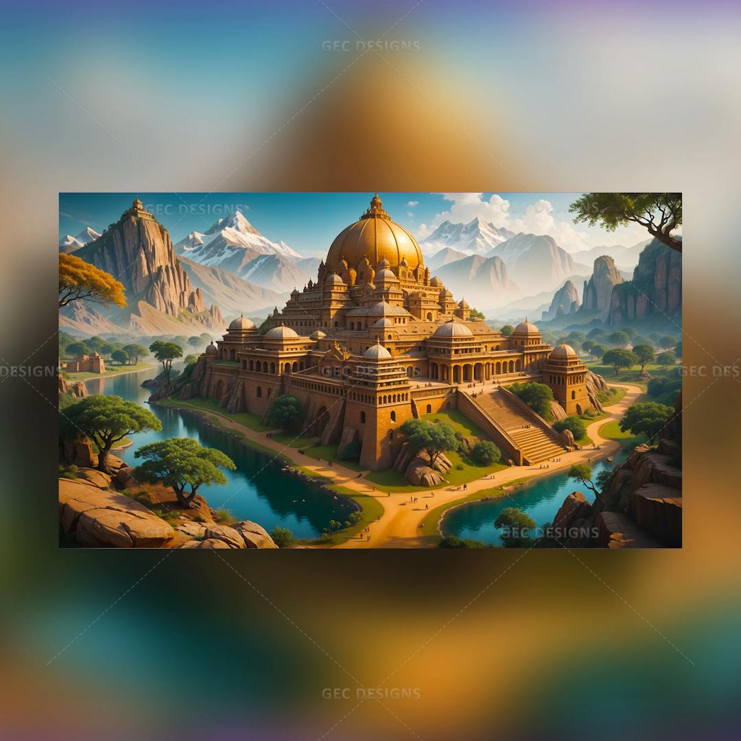 Ancient Indian Palace wallpaper, fantasy kingdom with mountains and blue sky background