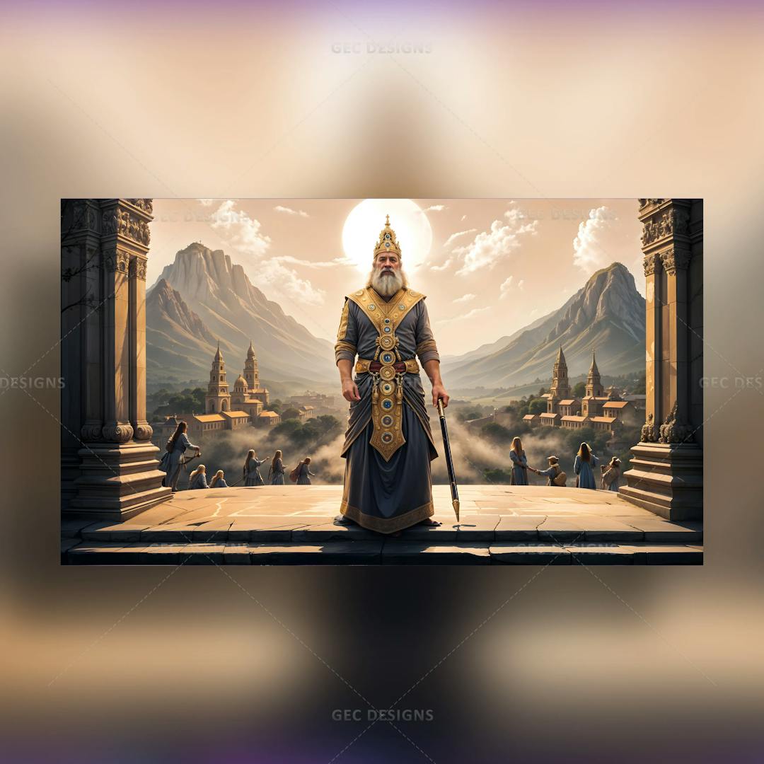 Ancient king with his regal attire, crown, and sword AI generated wallpaper, fantasy kingdom background
