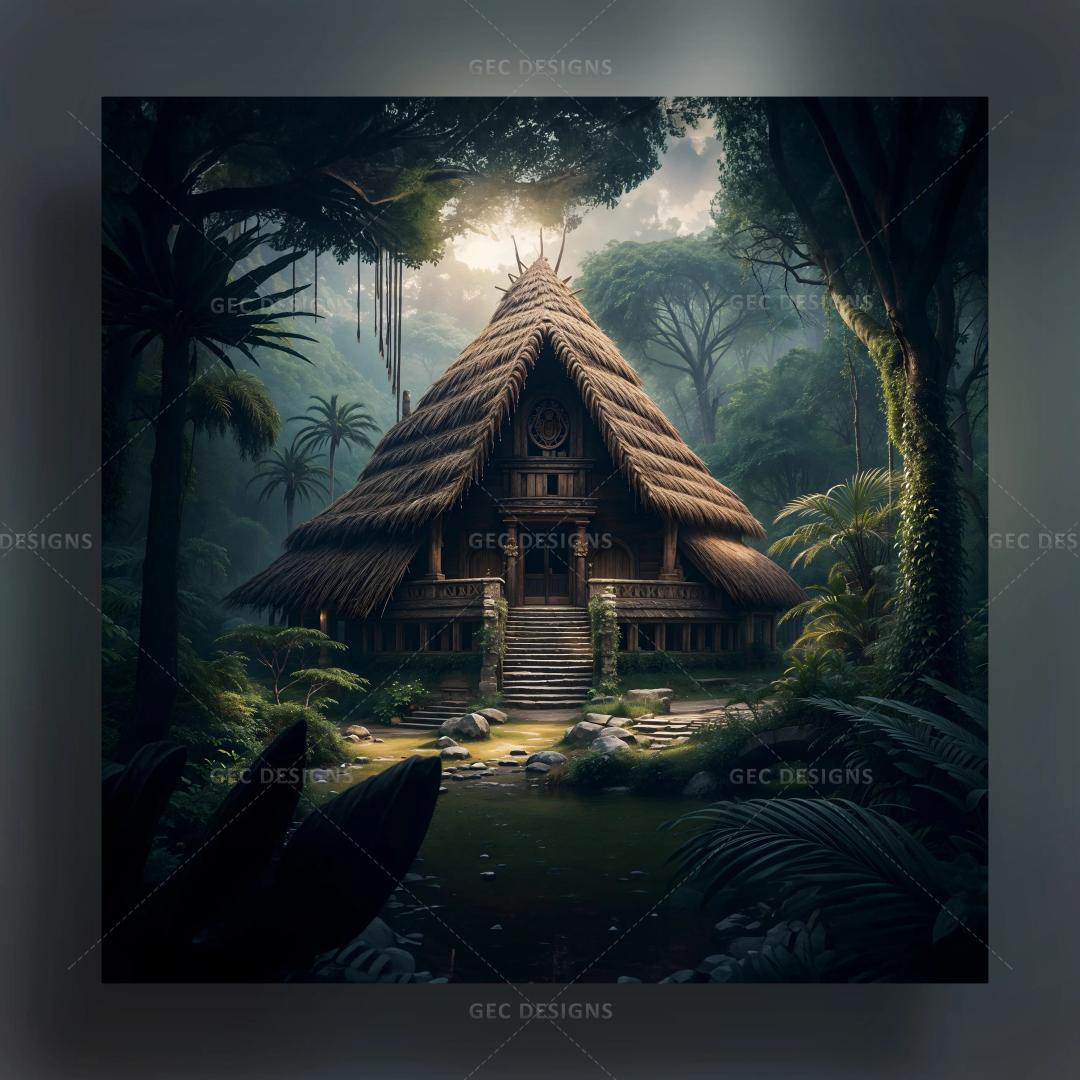 Ancient Mayan house in the middle of the dense forest AI Generated wallpaper