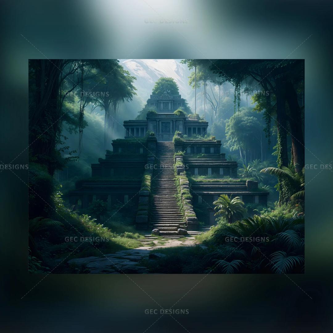 Ancient Mayan temple in a dense forest AI Generated wallpaper