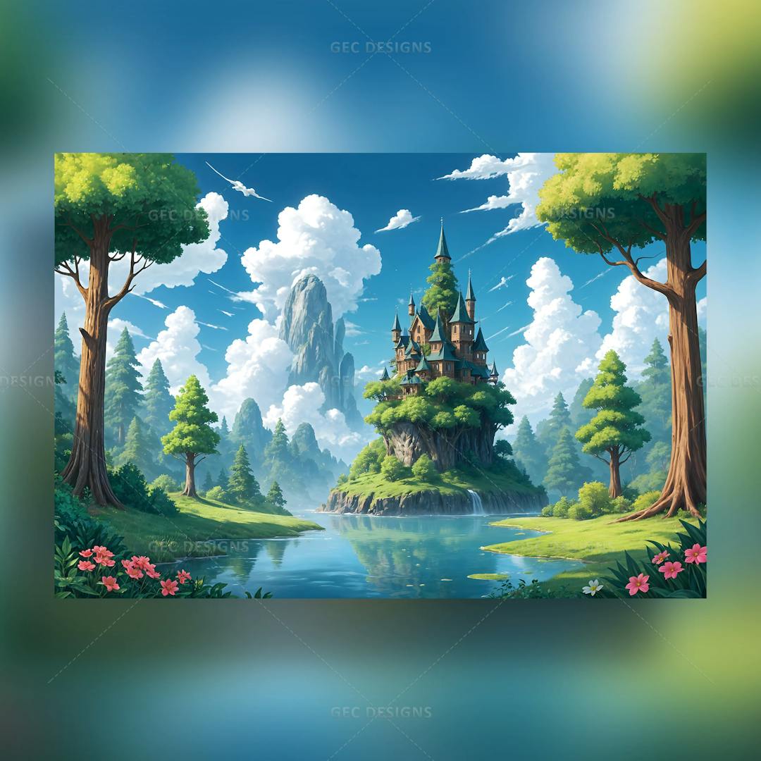 Ancient mystery castle in a forest AI Generated wallpaper, beautiful castle landscape with river and forest background