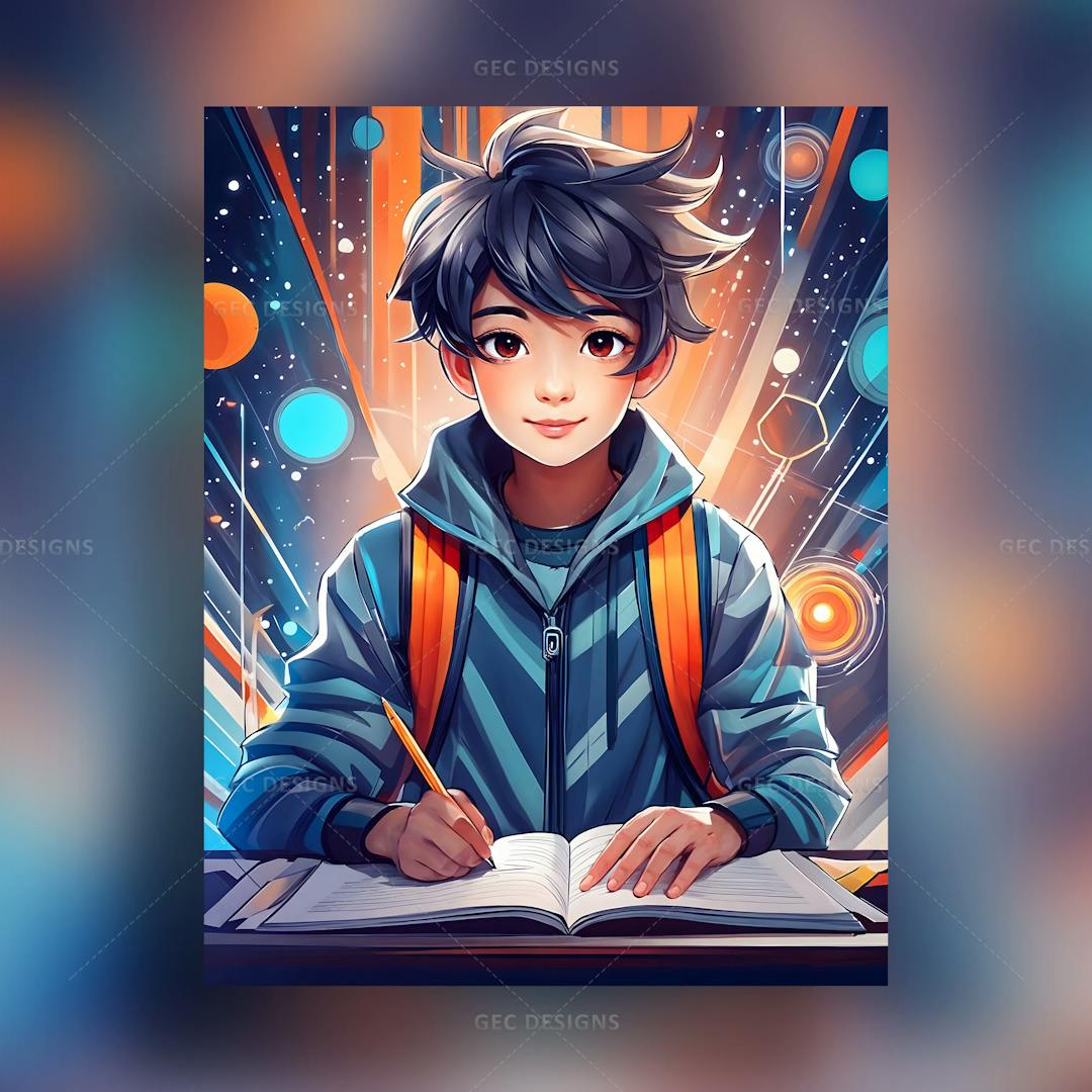Anime school boy studying with backpack AI Generated wallpaper