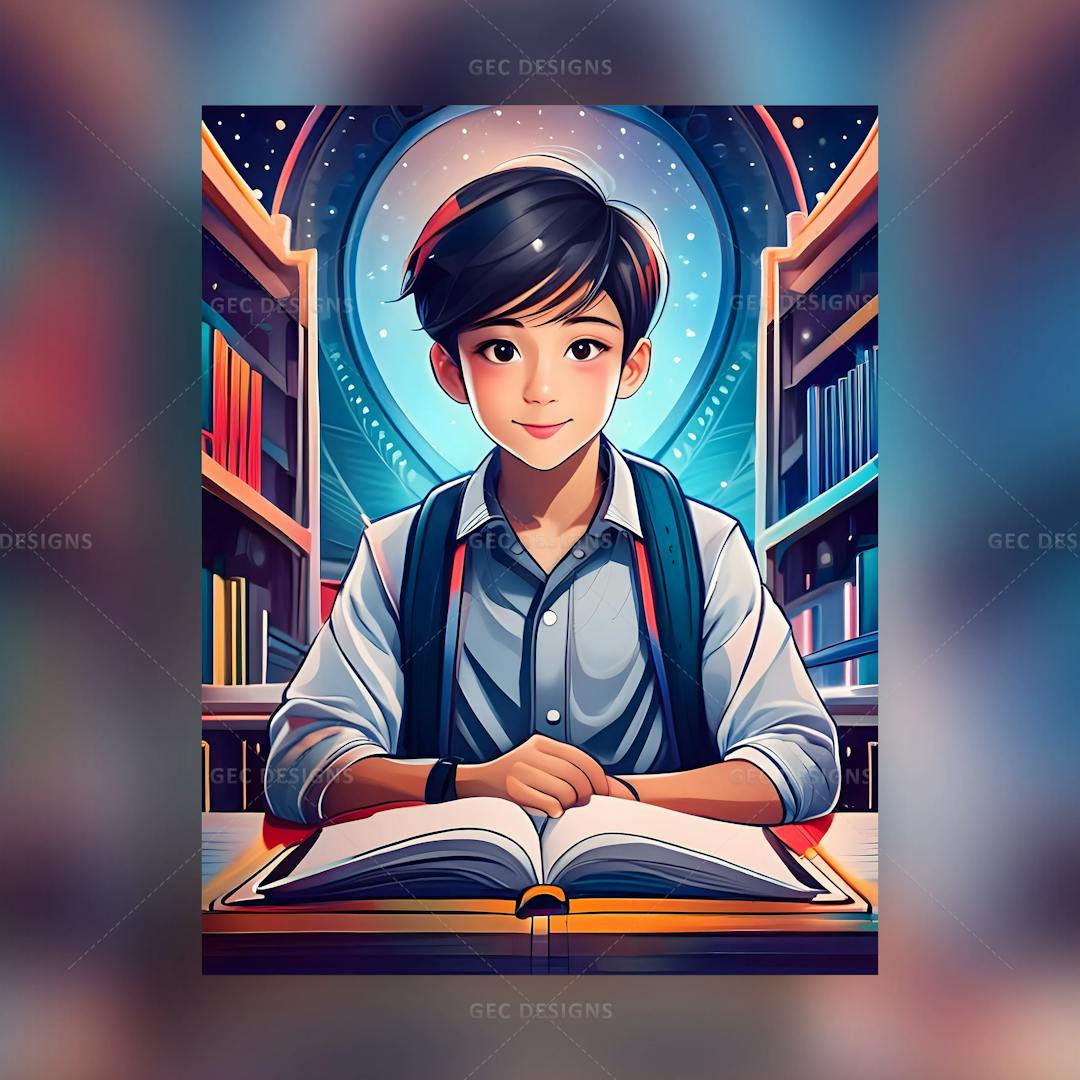 Attractive school boy studying in library anime-style wallpaper