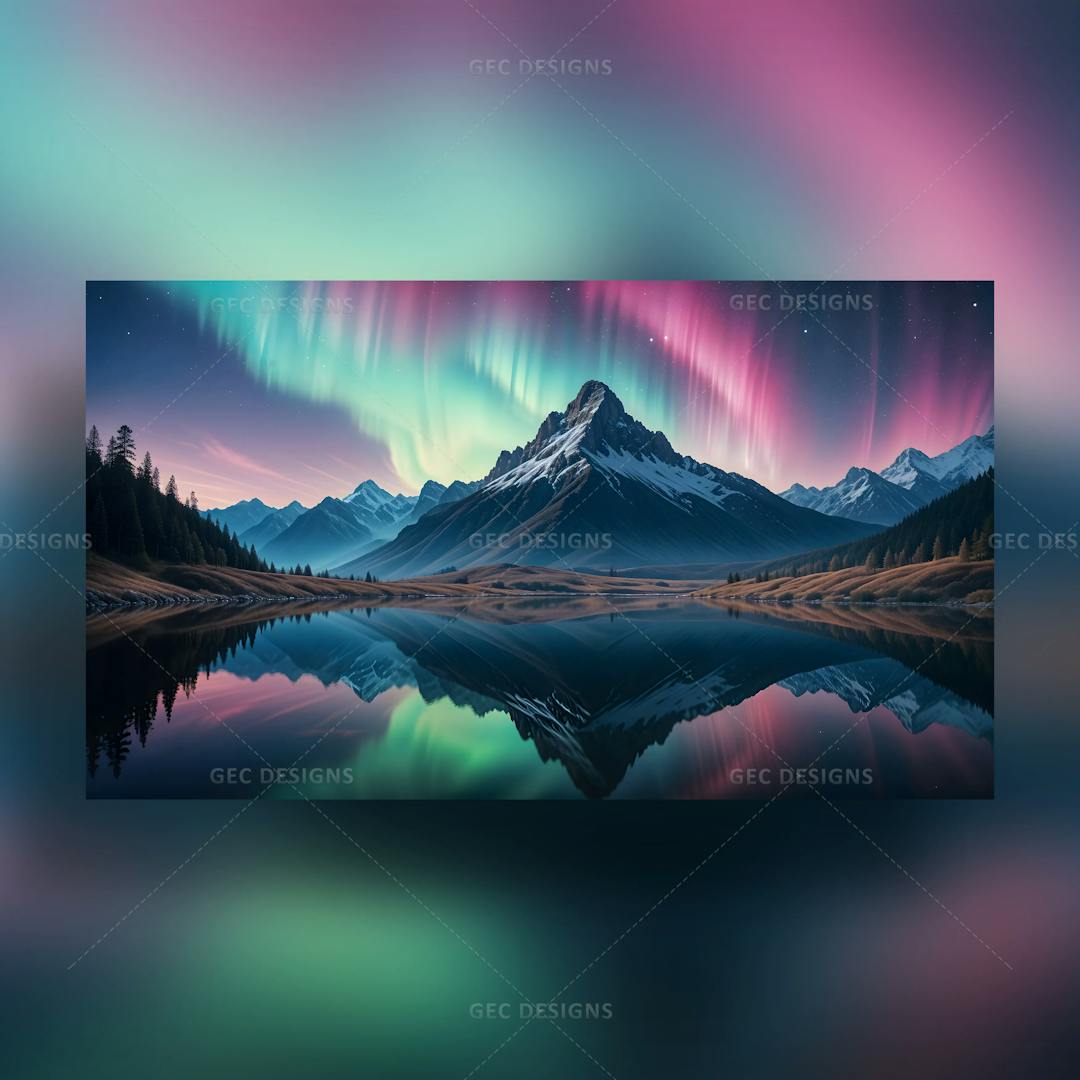 Aurora borealis, northern lights AI Generated wallpaper with snowy mountains background