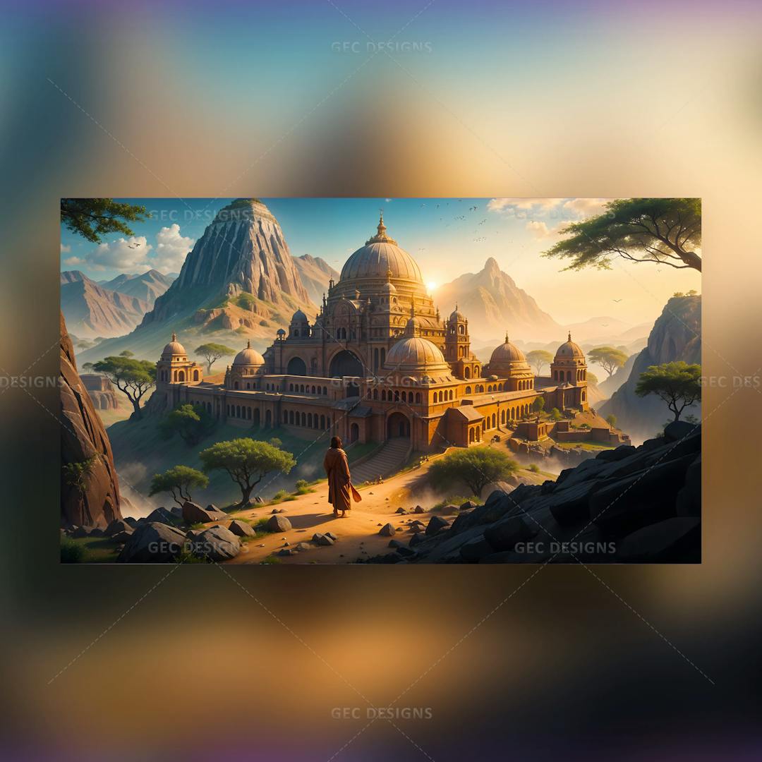 Beautiful ancient Indian palace surrounded by hills AI Generated wallpaper