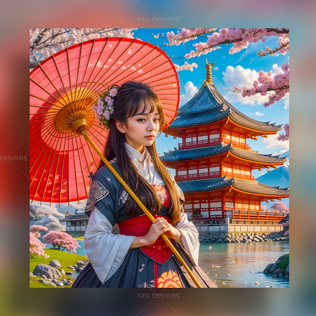 Beautiful ancient Japanese princess with traditional attire and umbrella AI Generated wallpaper
