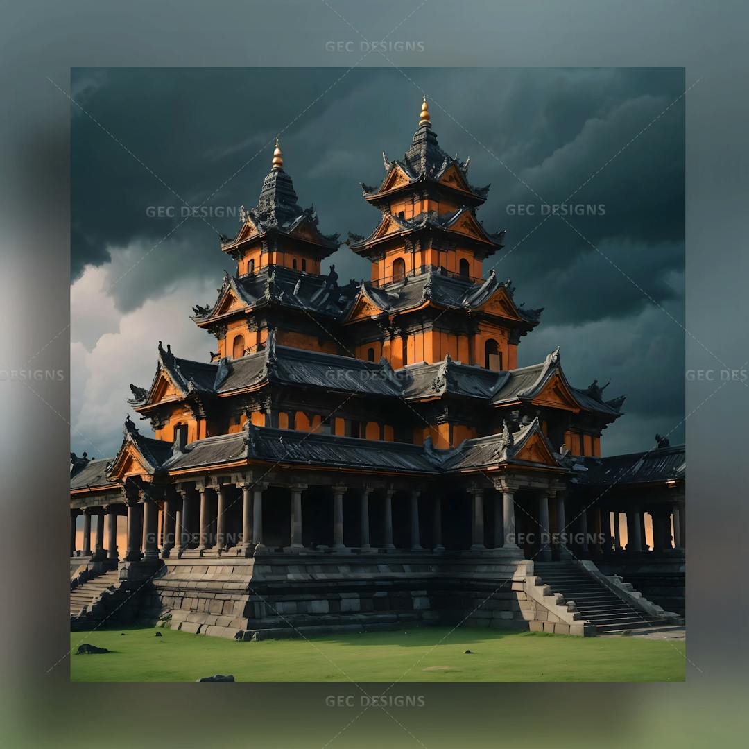 Beautiful ancient Thai temple with dark clouds background AI Generated wallpaper