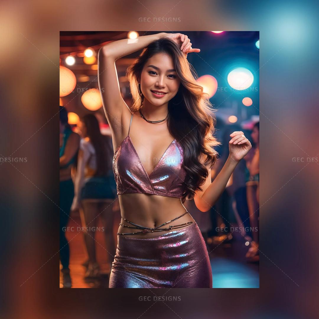 Beautiful Chinese girl dancing at night party wallpaper, party vibe bokeh light background