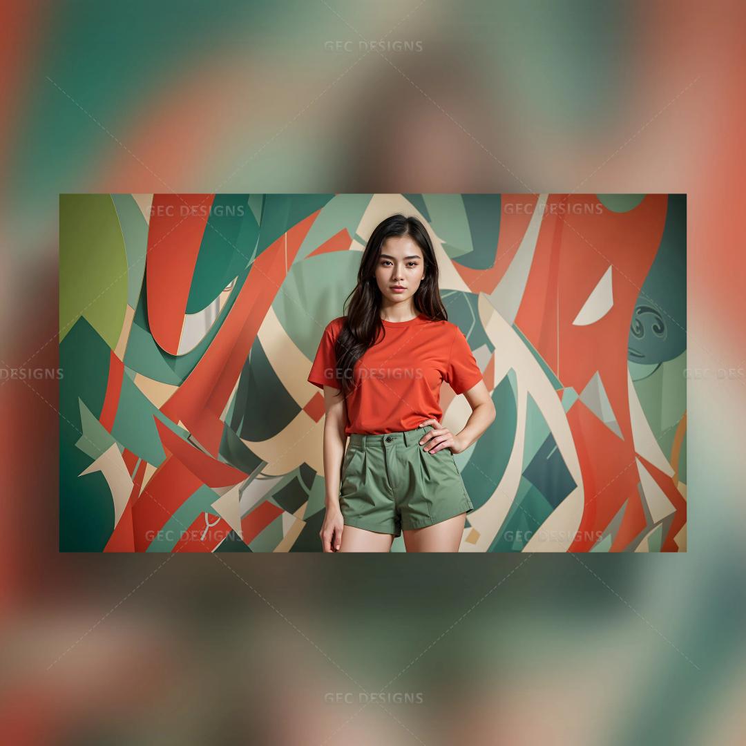 Beautiful cute Asian young girl with green shorts and a red T-shirt AI Generated wallpaper