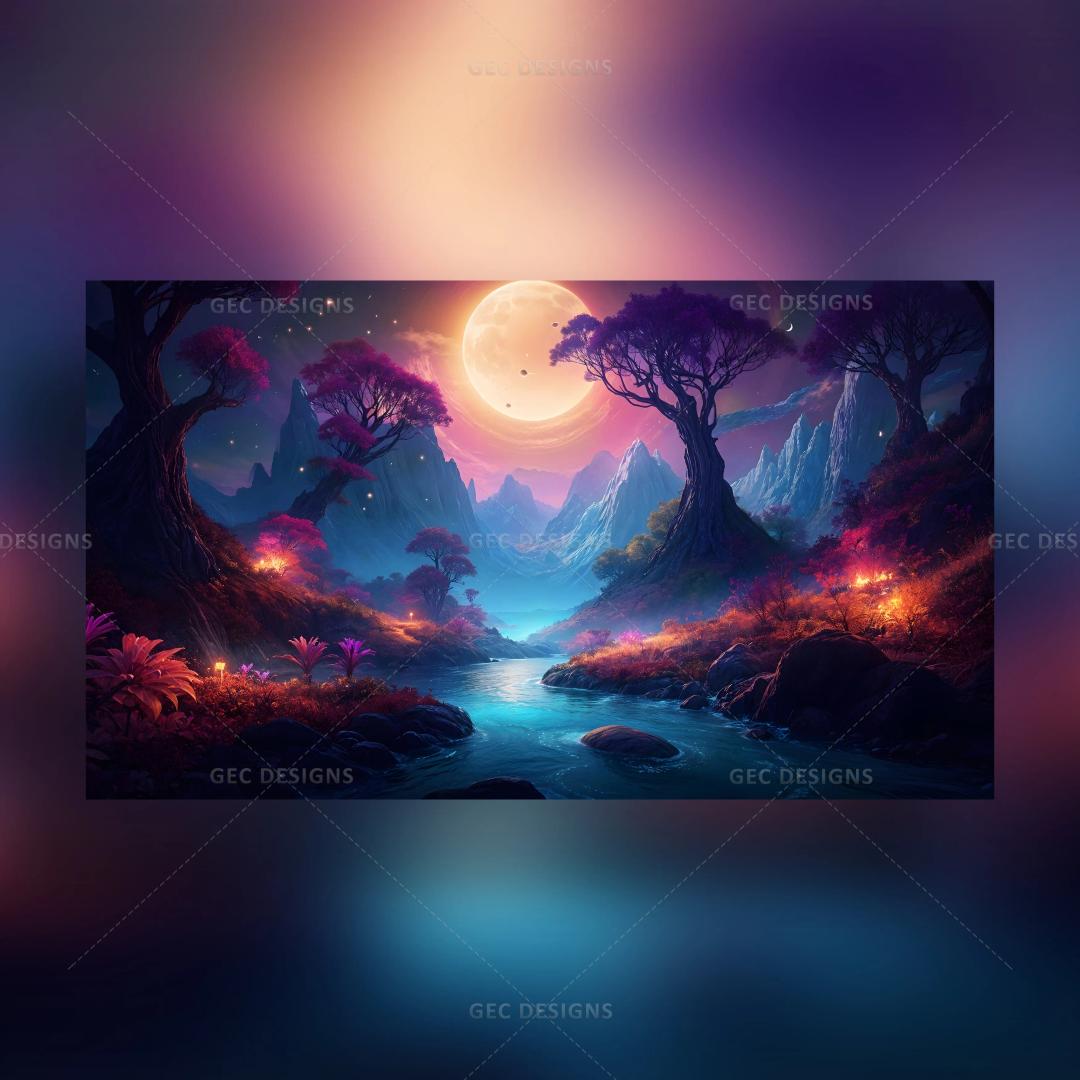 Beautiful fantasy landscape wallpaper with forest, mountains, river, and night sky background