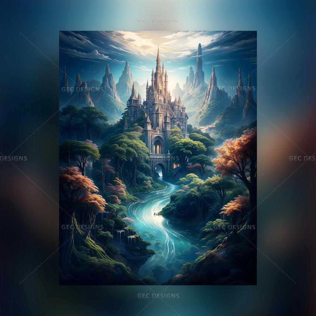 Beautiful fantasy landscape with fairy castle and river AI Generated wallpaper