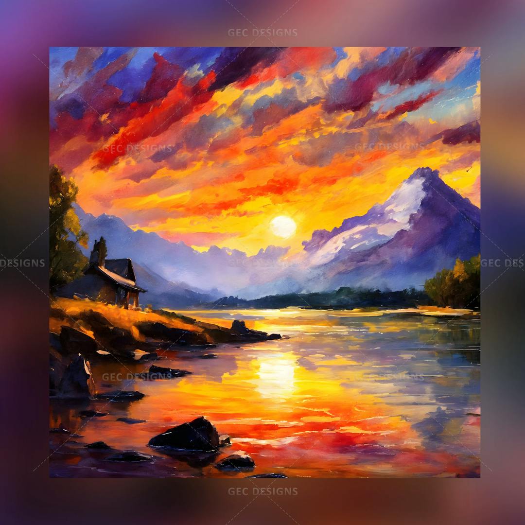 Beautiful fantasy landscape with river and mountain background, sunset, oil painting AI generated wallpaper