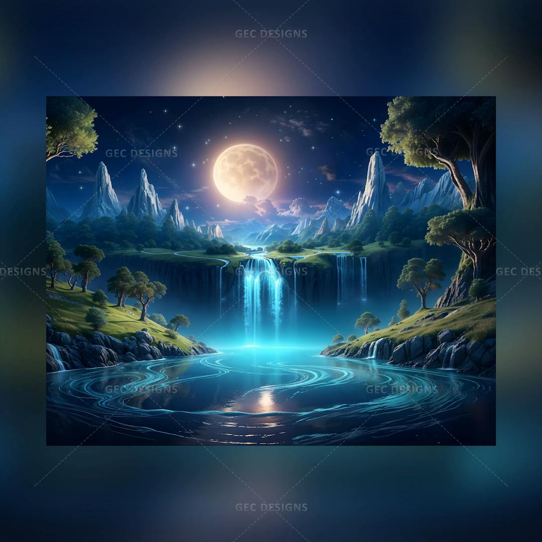 Beautiful Fantasy nature night sky neon effect wallpaper, magnificent waterfall, forest, and mountain background