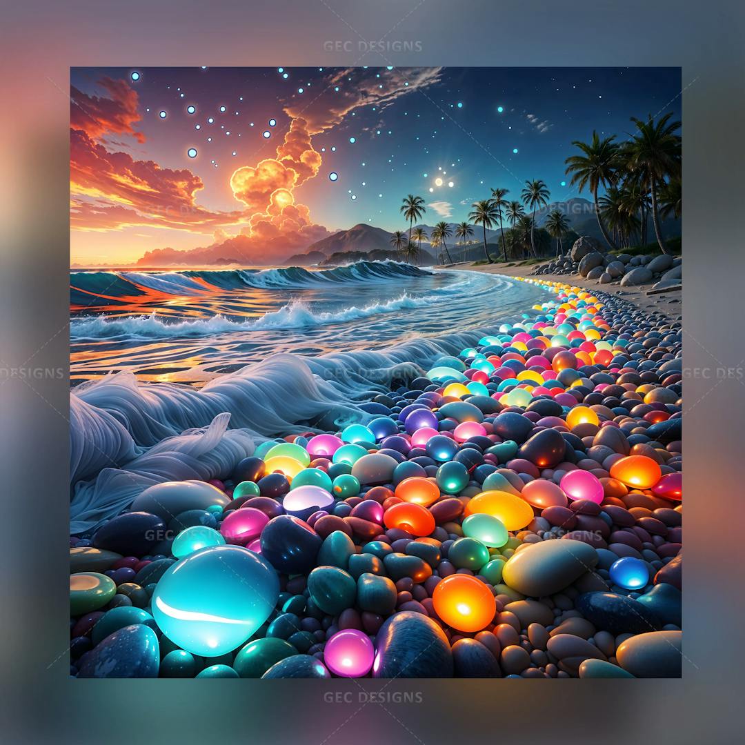 Beautiful fantasy tropical beach with glittering pebbles and star night sky