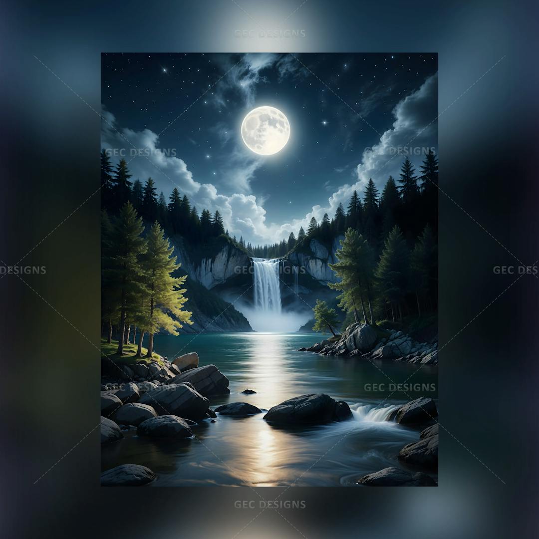 Beautiful forest waterfall AI Generated wallpaper night view with full moon background