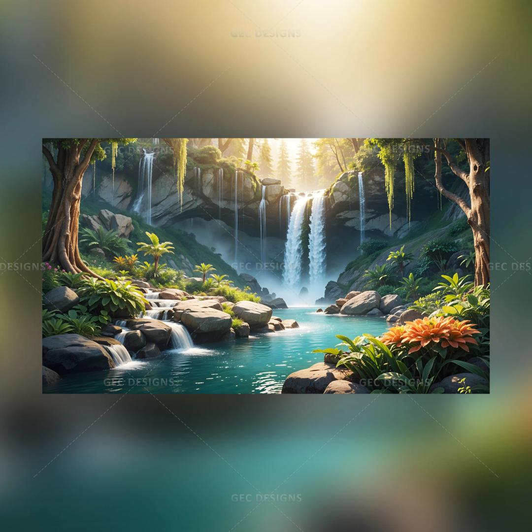 Beautiful forest with an aesthetic waterfall and trees AI Generated wallpaper