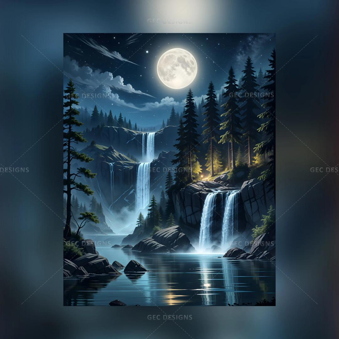 Beautiful forest with waterfall AI Generated wallpaper full moon background