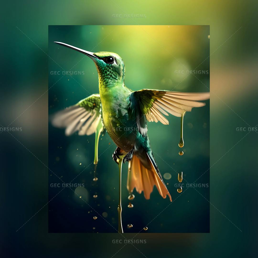 Beautiful green flying Hummingbird with water splash AI generated wallpaper