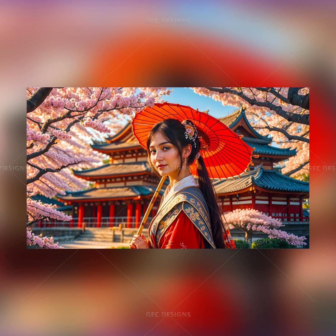Beautiful Japanese princess wearing red traditional attire wallpaper, ancient Japanese castle with cherry blossom background
