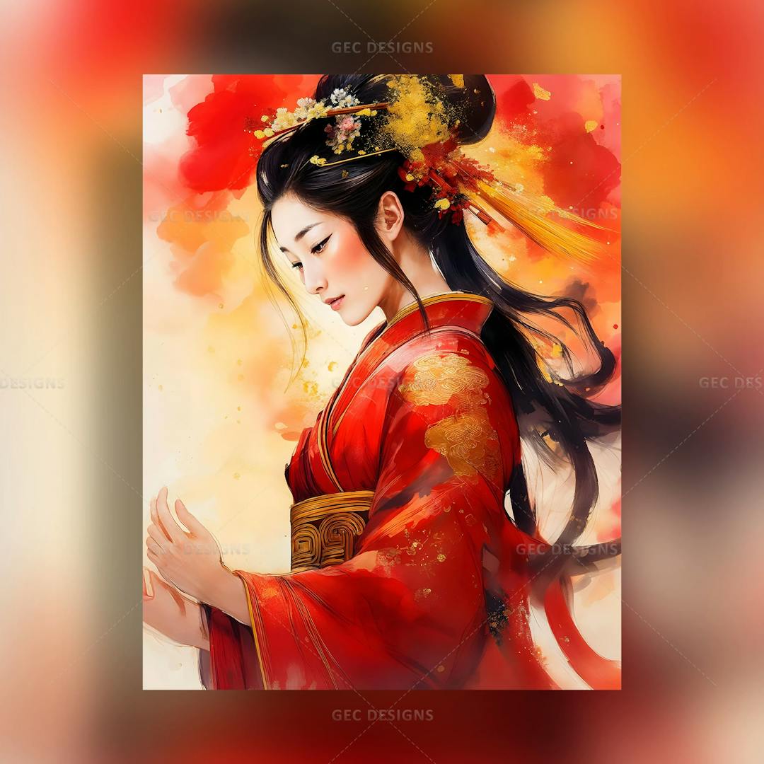 Beautiful Japanese woman with red kimono AI Generated wallpaper