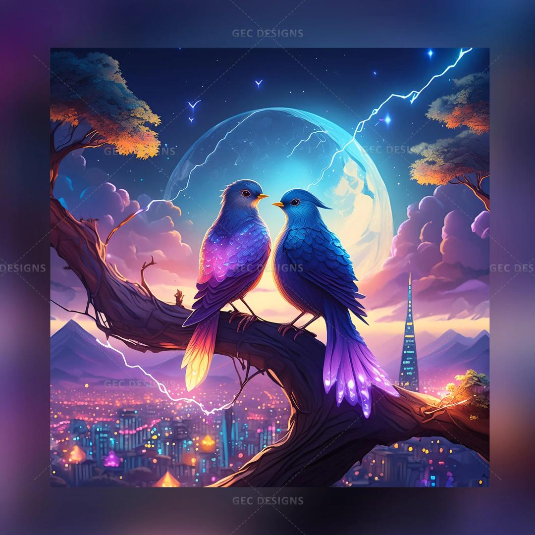 Beautiful love birds wallpaper with city, mountains, and moon background