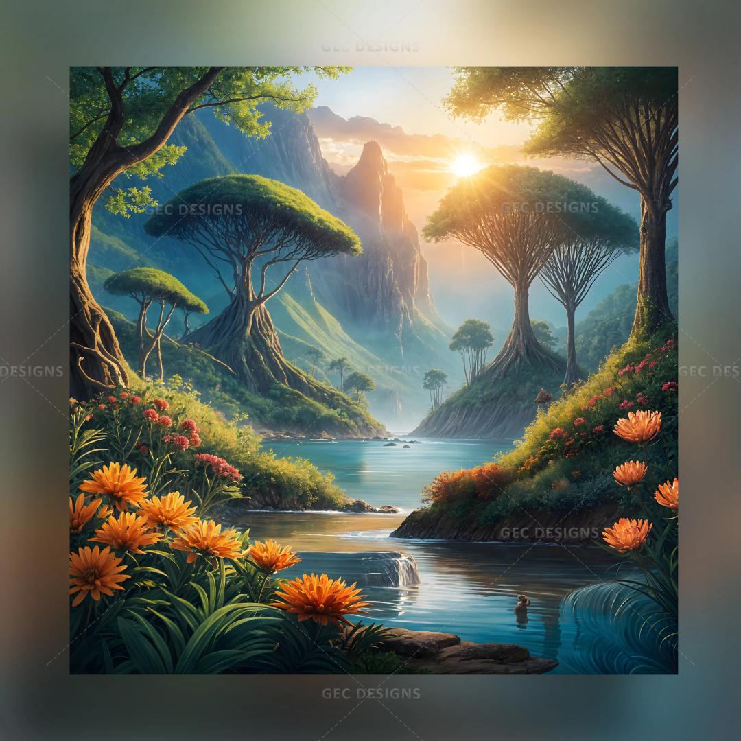 Beautiful nature at sunrise with a lush valley, majestic mountains, river, trees, and flowers AI Generated wallpaper