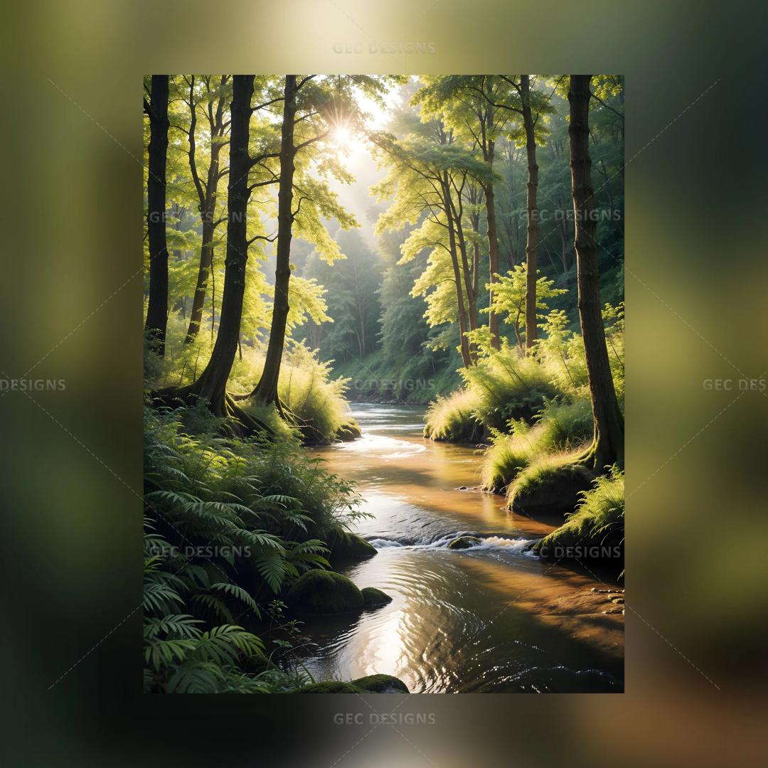 Beautiful nature lush green forest with the river at sunrise AI Generated wallpaper