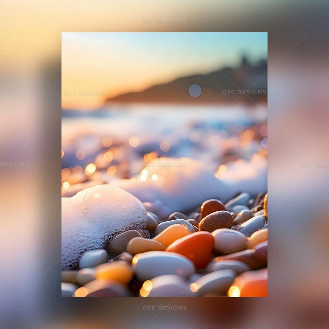 Beautiful pebbles on the beach side, covered with foam by waves AI Generated wallpaper