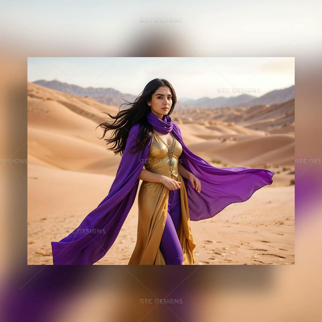 Beautiful pretty woman in a golden purple dress standing in the desert AI Generated wallpaper