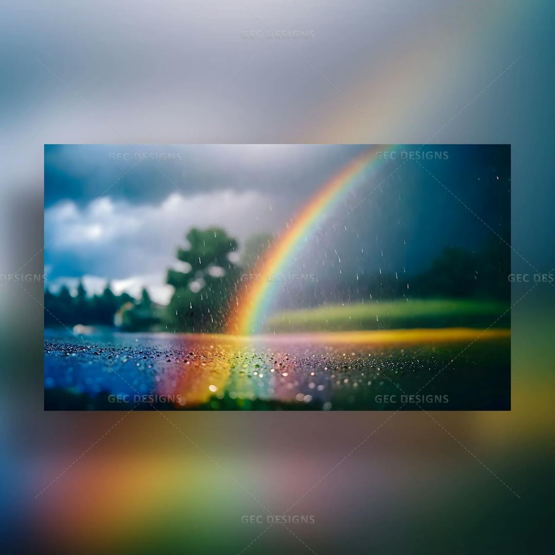 Beautiful Rainbow, Rain sky, Forest background AI Generated wallpaper