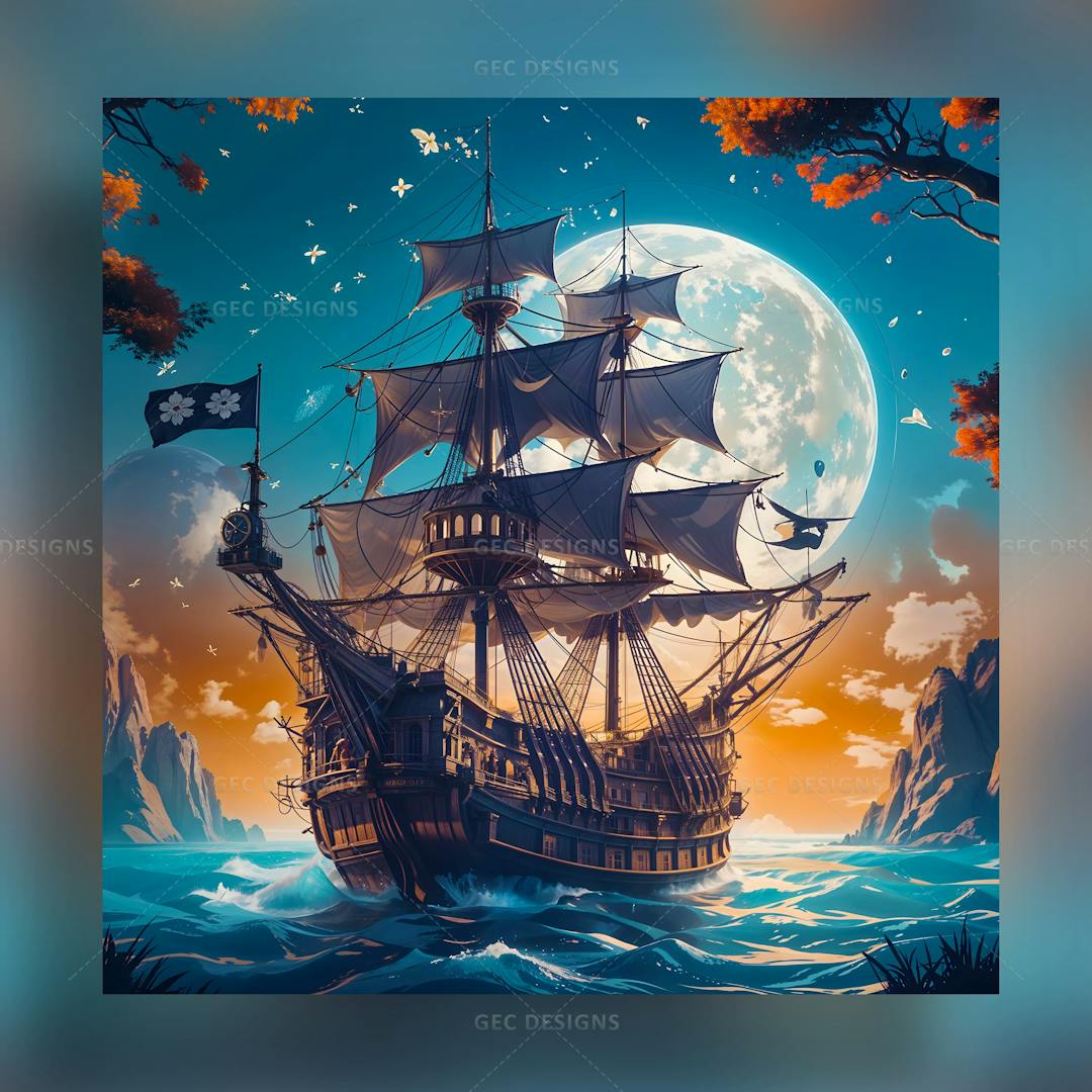 Beautiful sailing ship with pirate flag at full moon day background AI Generated wallpaper
