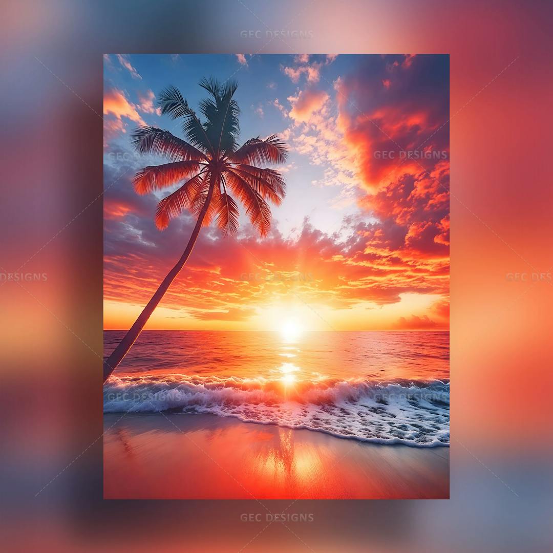Beautiful tropical sunset beach with a dramatic orange-yellow sky background