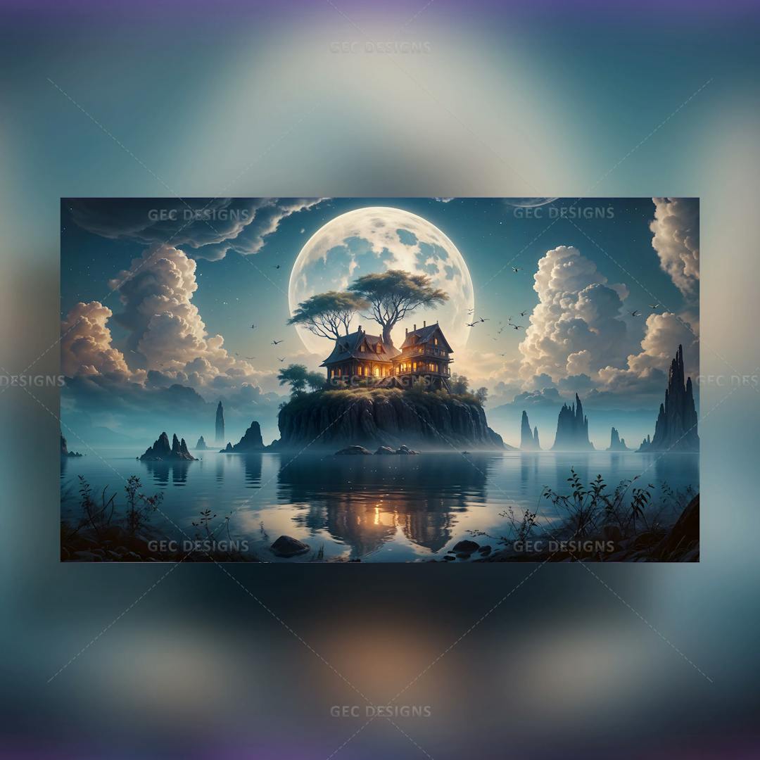 Beautiful wooden house on a floating island in the lake wallpaper with a full moon background