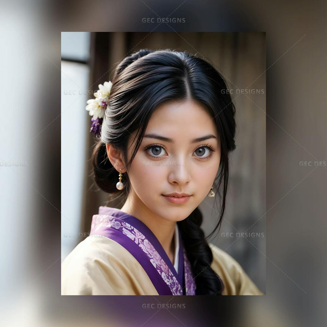 Beautiful young Japanese woman with purple and cream traditional attire AI Generated wallpaper