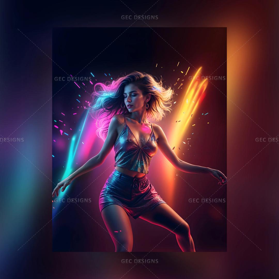 Beautiful young woman dancing, party vibe, neon background wallpaper