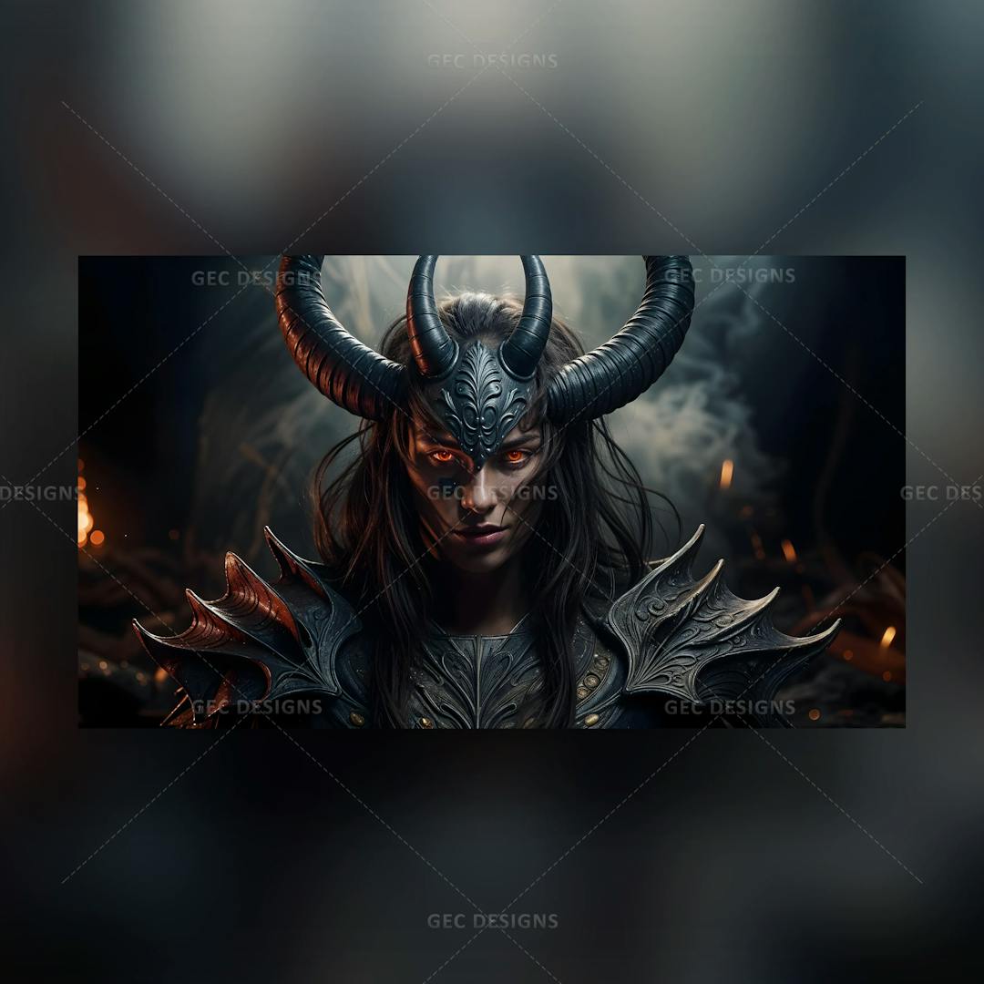 Black seductive female demon with horns and mesmerizing red eyes AI Generated wallpaper