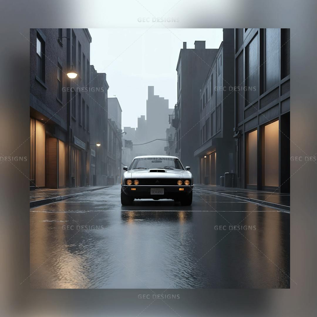 Car in rainy dark city street digital art ai generated wallpaper image