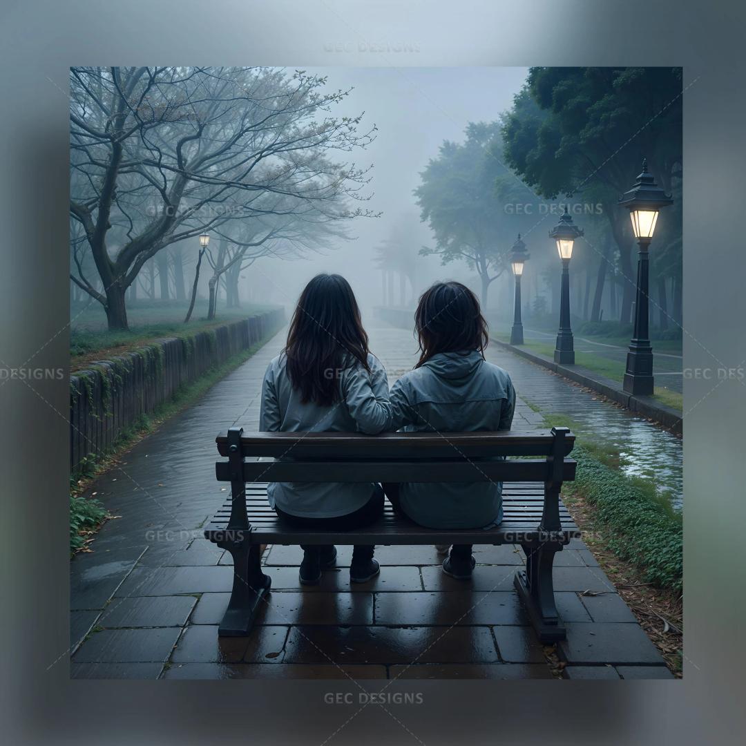 Celebrate friendship day with two cute friends sitting on a park bench, a misty evening background