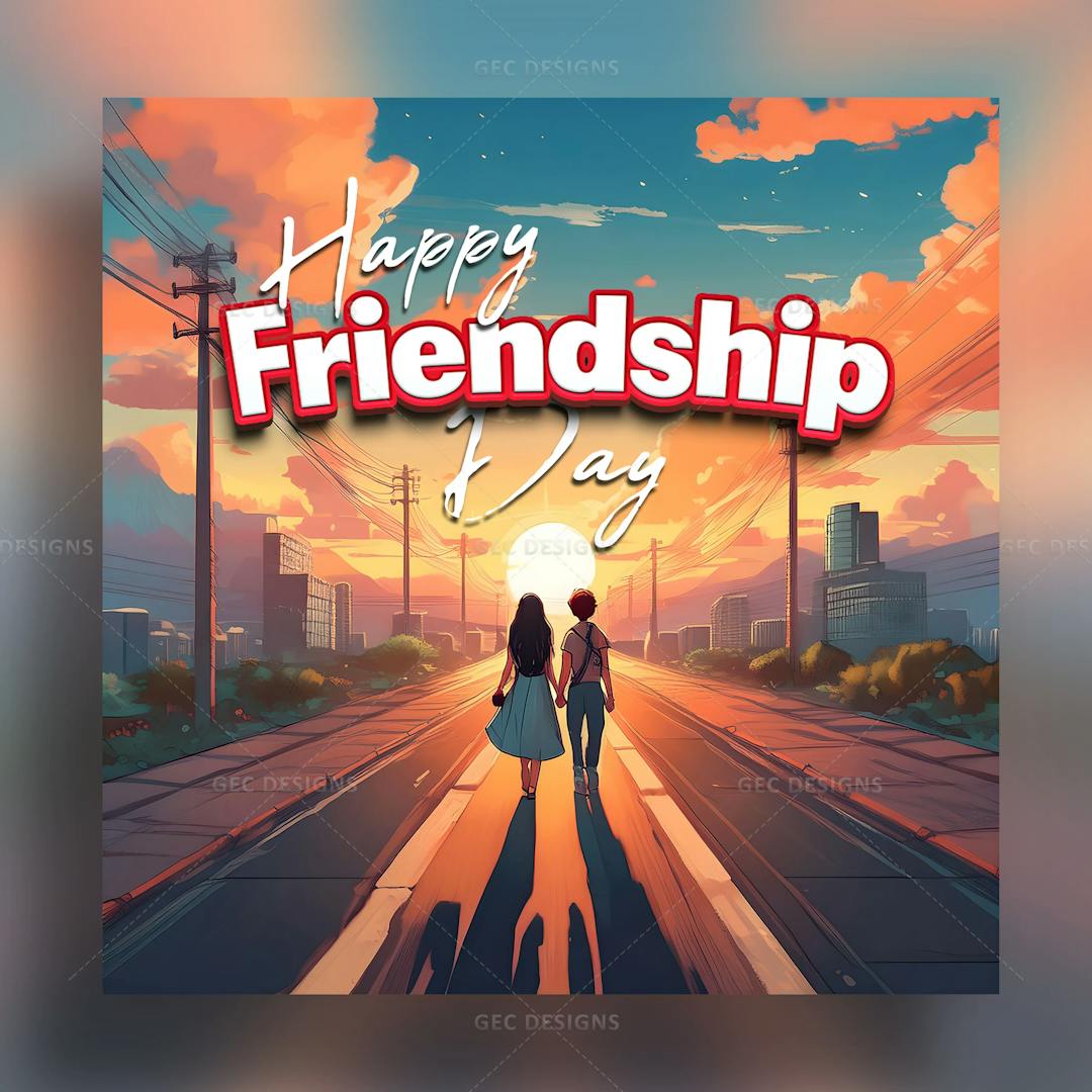 Celebrate International Friendship Day with the digital art of cute friends, sunset background AI Generated wallpaper